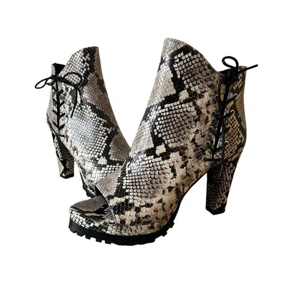 AllSaints Michela Leather Snake Print Peep Toe Heeled Shoes Booties Size 40 EU - Picture 15 of 16